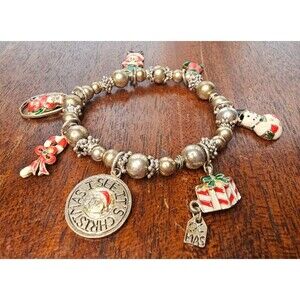 Christmas Silver Tone Stretch Charm Bracelet Enamel Santa Christmas Snowman 7"